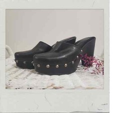 Vintage Black Studded Clogs Biker Moto Goth Grunge Platform Thick Heel Sandals