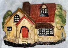 Vintage Bisque Porcelain Japan Victorian House Red Roof Tea Light Candle Holder