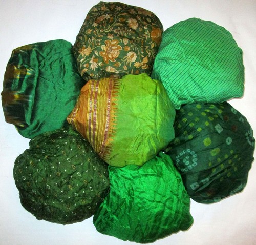 LOT PURE SILK Vintage Sari REMNANT Fabric 7 Pcs 1 ft Green Craft #,AEML