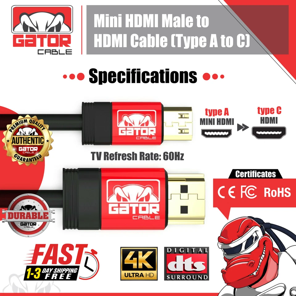 Adaptador de cable Mini HDMI a HDMI 4K UHD Alta velocidad HD HDMI A a Mini C Foto 3 de 4