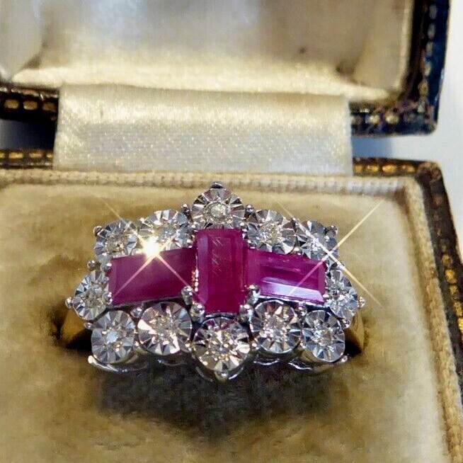 Solid 9ct Gold Real Diamond & Ruby Art Deco Inspi… - image 3