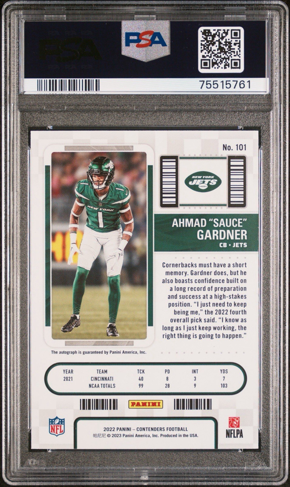 2022 Panini Contenders - Rookie Ticket RPS Ahmad Gardner Auto RC PSA 10 view 2