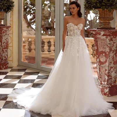 Exquisite Strapless Flowers Vintage Wedding Dress Appliques Beaded Bridal  Gown | eBay