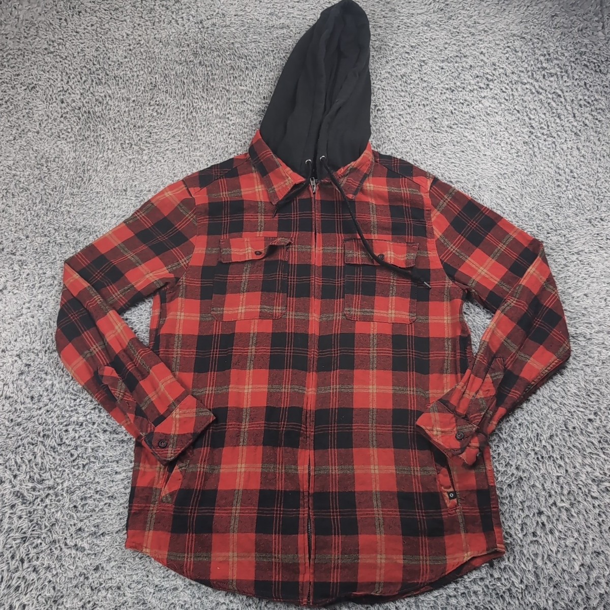 Empyre Shacket Men Large Red Plaid Flannel Zip Up Hooded Shirt Skater Surfer