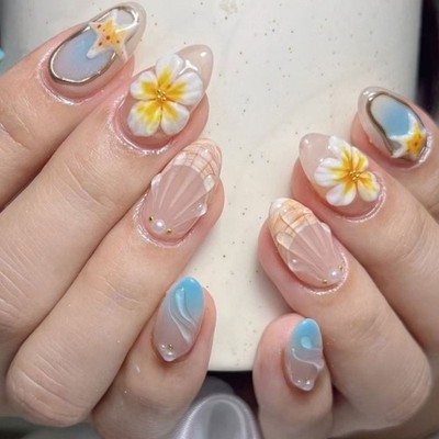 Pack Of 24 ABS False Nail With 3D Flower And Ocean Theme Glossy Finish