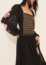 Farm Rio Anthropologie Pink and Black Midi Dress Puff Sleeve Size Medium