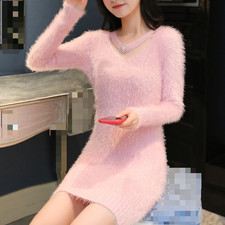 Women Faux Fur Sweater Dress V-Neck Slim Fit Long Knit Pullover Warm
