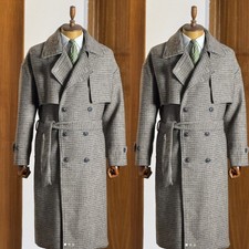 Check Men's Overcoat with Belt Double Breasted Winter Outdoor Casual Long Coat
