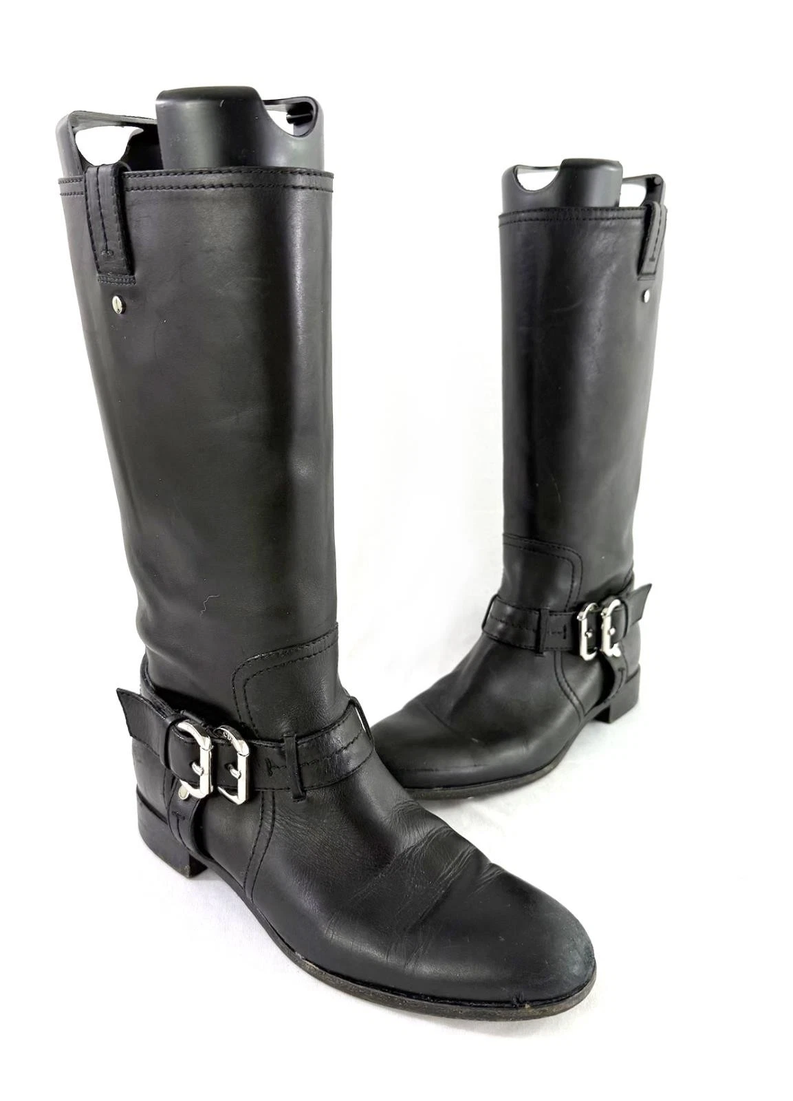 Bottines moto mi mollet cuir noir femme Christian Dior 40 US 10