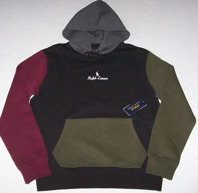 NWT Polo Ralph Lauren BLACK/OLIVE COLORBLOCK Double-Knit Hoodie Men L WHITE PONY - Image 1 of 4