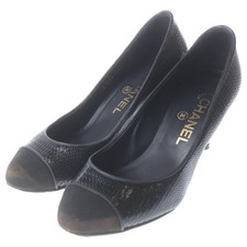 CHANEL Cap Toe Coco Mark Pumps Leather Black Women's Size EU35/US4.5