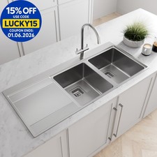 Kitchen Sink 2 Bowl Square Inset Stainless Steel Left Hand LH Drainer Overflow