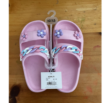Kohl's Girls Pink Slide Sandals Slip On Flower & Chain Accents US 12/13 EU 30