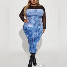 Abito Bodycon Stampa Denim Moda Nova con Maniche Trasparenti Taglia L