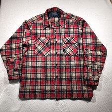 VTG 70s Pendleton Board Shirt Mens Large Red Tan Plaid Wool Loop Collar USA