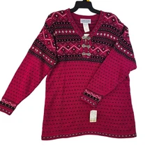 Jantzen 90s Nordic Print Large Alpine Ski Sweater Ornate Clasps Shoulder Pads