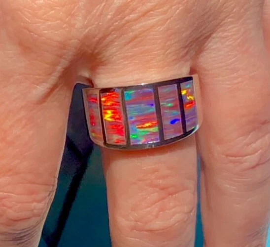 HANDSOME Sz 10 U Heavy Rock Red Black Fire Opal Men's ring VIDEO sterling 925 - Image 2 of 4