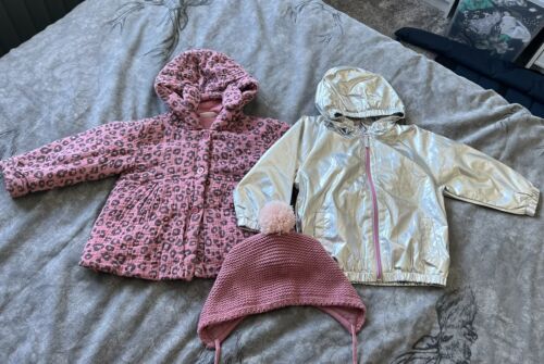BABY GIRL 12-18 NEXT COAT RAIN JACKET HAT WINTER AUTUMN PINK SILVER LEOPARD (#19 - Picture 1 of 4