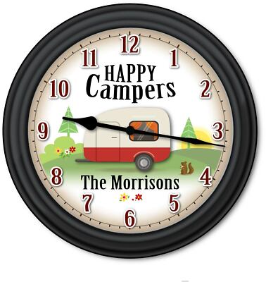 Happy Camper PERSONALIZED Wall Clock Teardrop Trailer RV Camping Campground GIFT