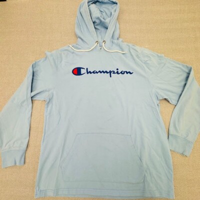 Champion Lightweight Hoodie Sweatshirt Light Blue Size Large