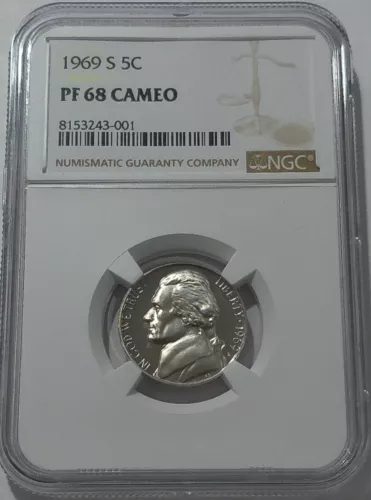 1969 S NGC PF68 CAMEO PROOF JEFFERSON NICKEL 5C CLAD BRIGHT WHITE COIN WHITE LBL