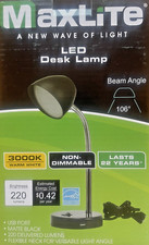 MaxLite 3.5W LED Desk Lamp USB Charging Port Adjustable Neck Switch On/Off Black