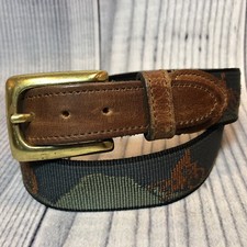 BATES Web Leather Belt Brass Buckle Mountain Bike Mountains Sz 30 Blue Rust USA