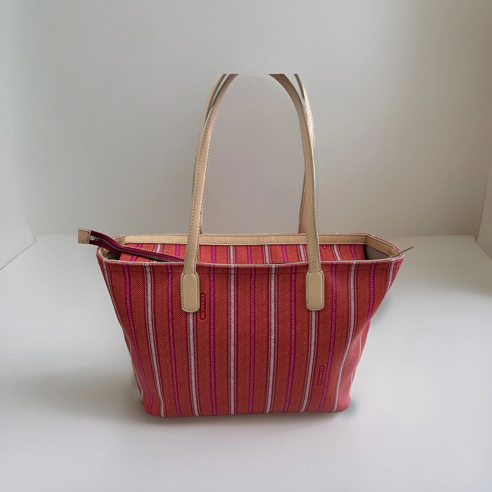 Borsa Tote Coach Legacy Weekend Strisce Ticking PVC Rivestita Tela Arancione 23108