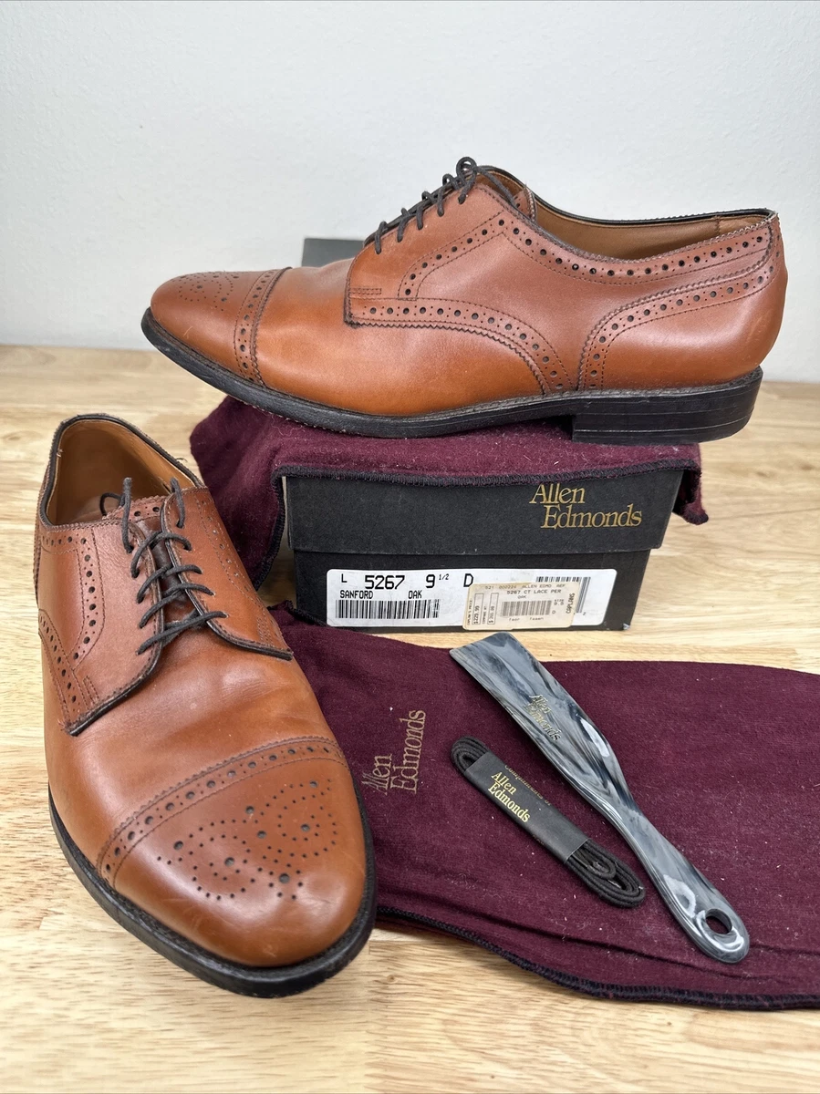 Allen Edmonds Sanford Oak Sz 9.5 D Brown Captoe Derby Brogue Box