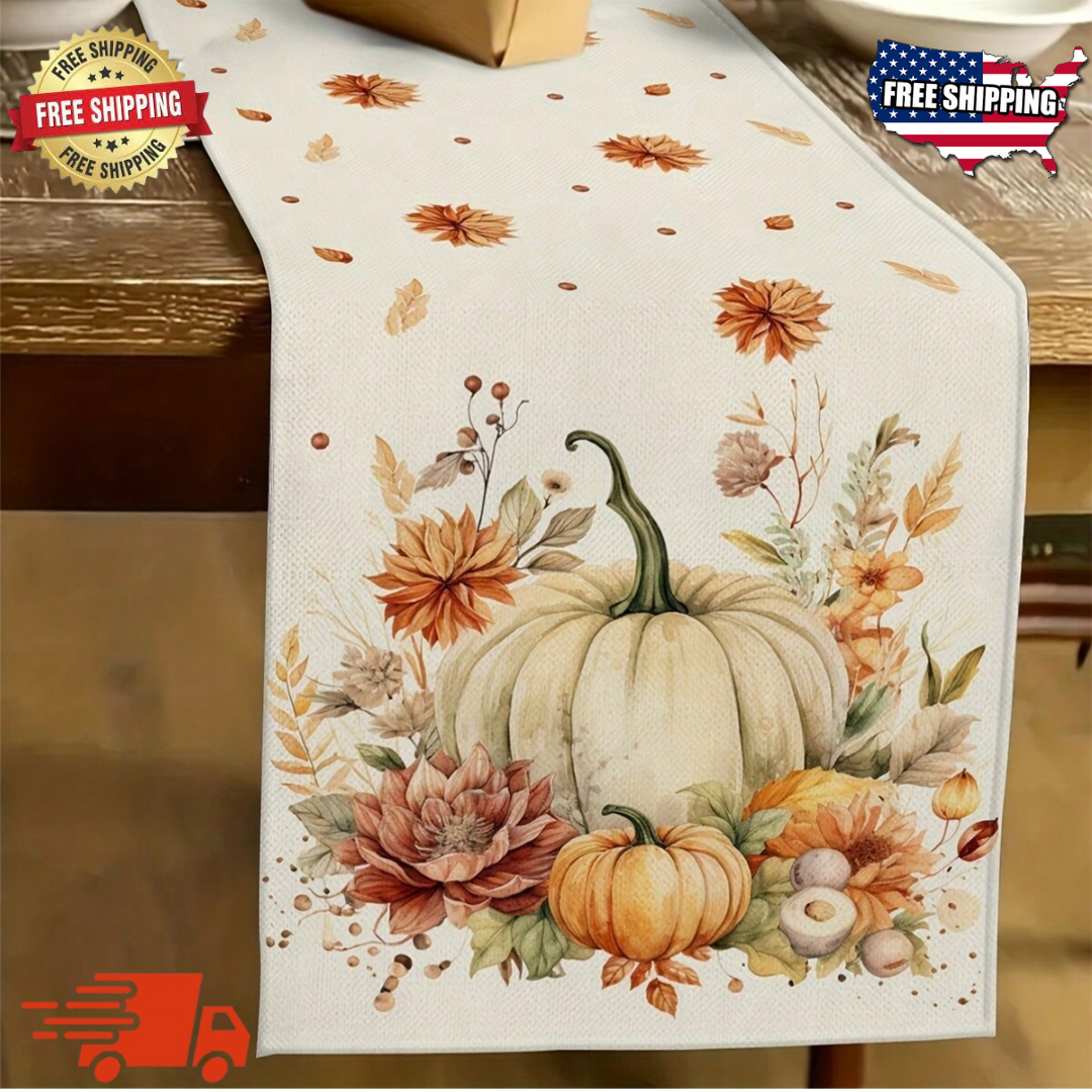Table Runner 1 pc Fall Pumpkin and Thanksgiving Harvest Autumn Linen Maple Cloth