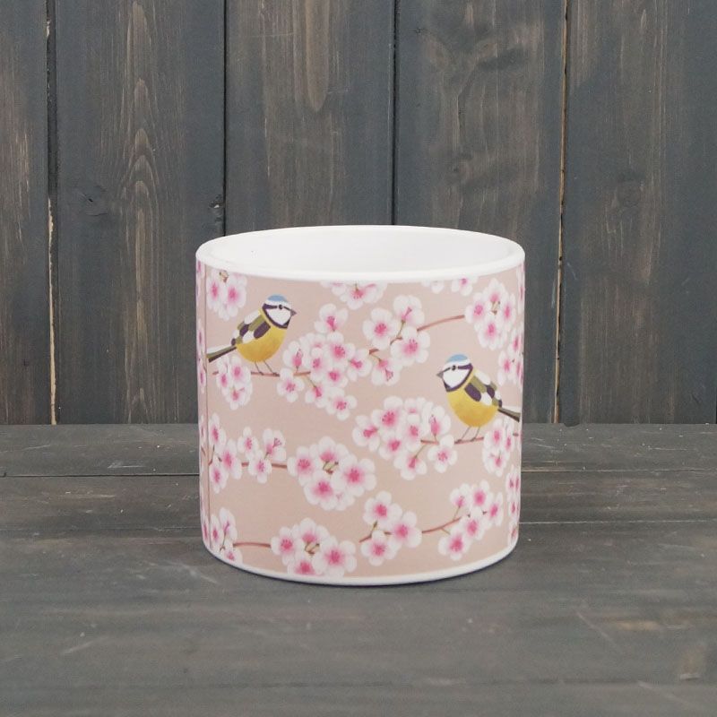 Blue Tit Bird Pink Blossom Decorative Ceramic Indoor Plant Pot - Satchville NEW
