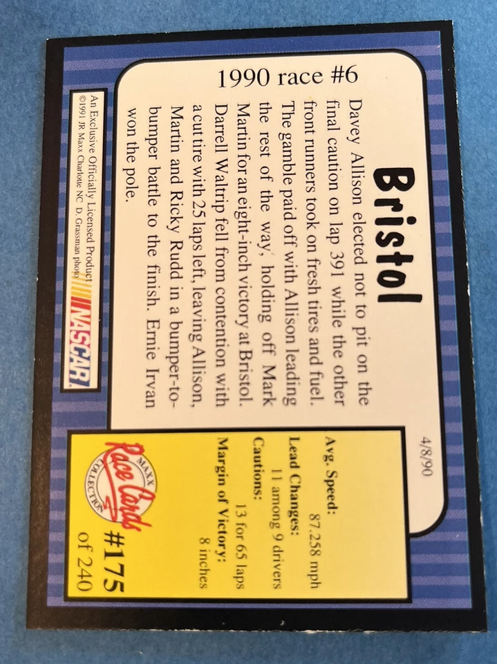 1991 MAXX RACE CARDS #175 1990 RACE #6 BRISTOL DAVEY ALLISON VALVOLINE NASCAR - Image 2 of 2