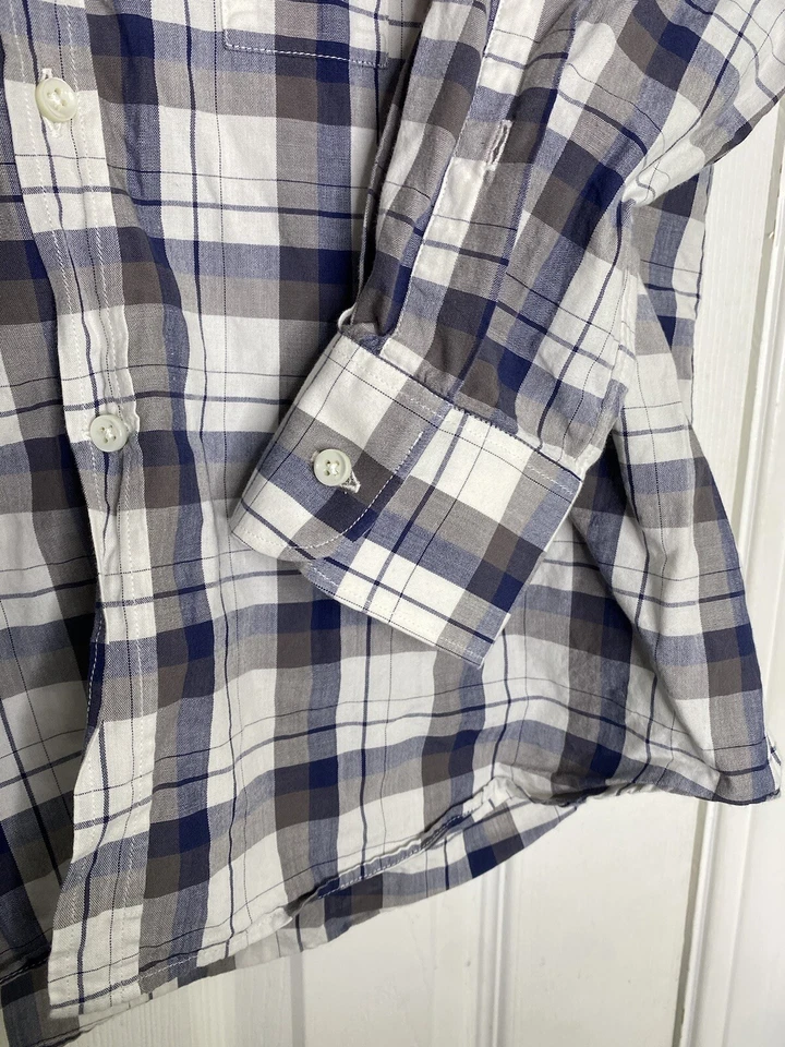 Camisa masculina Simon Spurr com botão duplo peito frontal azul branca marrom xadrez grande - Imagem 2 de 4