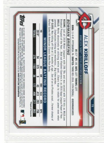 Tarjeta de novato Bowman 2021 radiocontrol Alex Kirilloff Twins #75 - Imagen 2 de 2