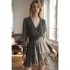 Michael Kors Leopard Print Metallic Chiffon Wrap Party Dress Long Sleeve