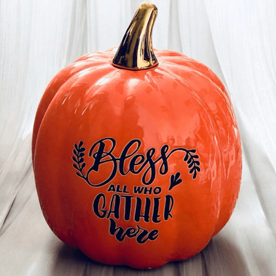 NWT Gorgeous 7  Orange inspirational ceramic Bless all who gather here pumpkin