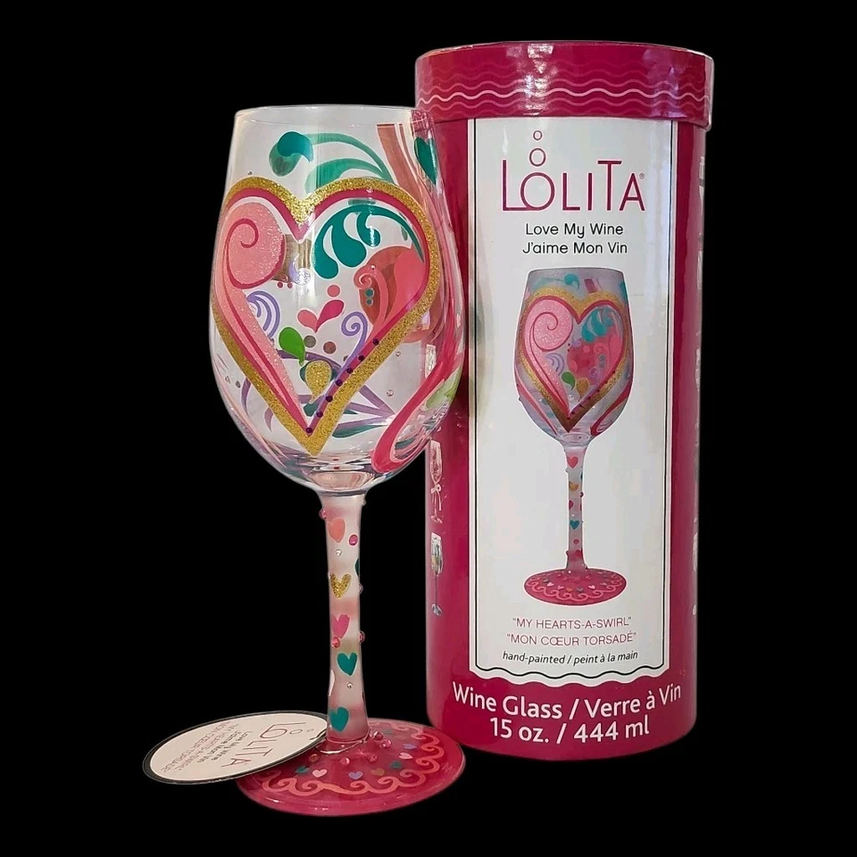 NIB Rare Lolita Love My Wine "My Hearts-a-Swirl" Glass Hand Painted W/Recipe 9"T - Image 2 of 4