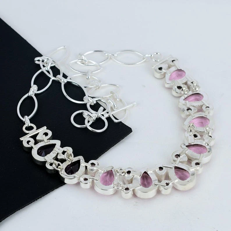 Collar de joyería de plata de ley 925 hecho a mano con piedras preciosas de kuncita rosa tamaño-18" Foto 4 de 4