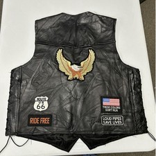 Diamond Plate Leather Vest Men XL Black Patchwork Biker Side Lace Lowrider Patch