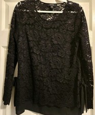 Karen Kane Black Lace Overlay Lng Sleeve Blouse w Black Tank,Bows On Sides, Sz L
