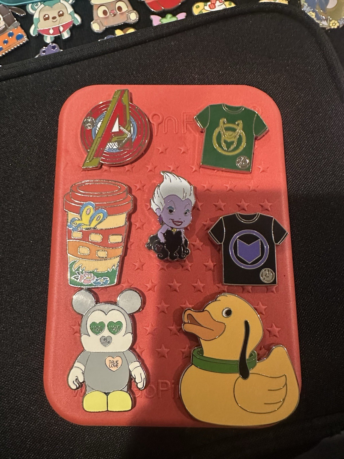 7 Authentic Disney Pins That Comes with A Red  Pinfolio Board