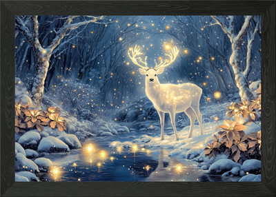 Weißer Hirsch im verschneiten Wald Gerahmtes Wandbild Poster Leinwanddruck Bild