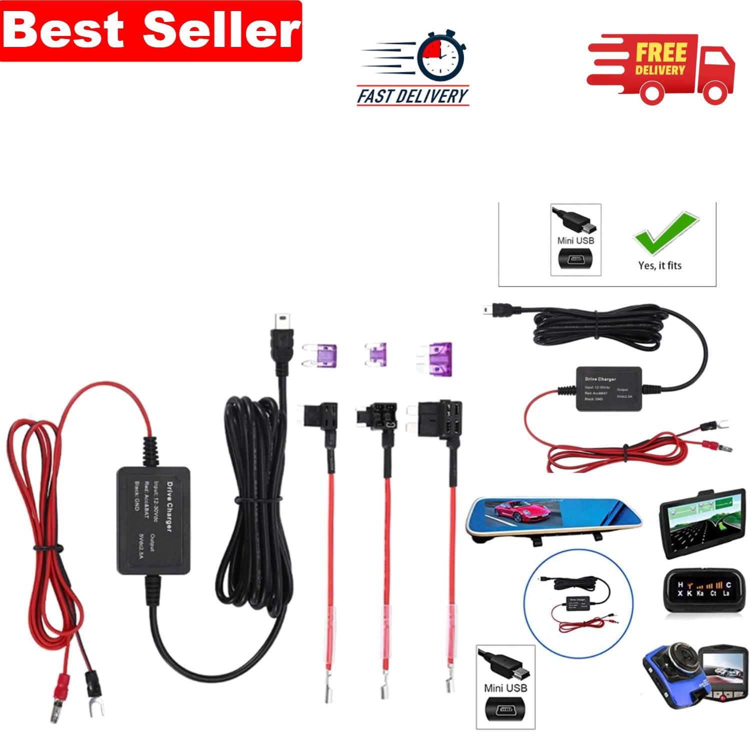 Reliable Mini USB Hardwire Kit for Dash Cams - Low Voltage Protection