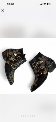 Chloe Susanna Ankle Boots Black Leather Gold Studded Zip Size 38 US 8