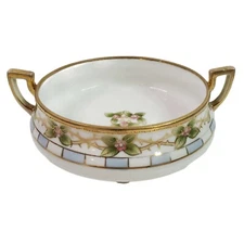 Vtg Hand Painted Nippon 2 Handled Gold Trim Floral Footed Tidbit Bonbon Nut Dish