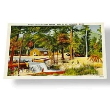 Postcard Water Falls at Camp Baxter Base of Mt Katahdin Maine Linen Card C477