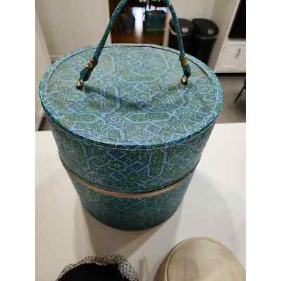 VTG Wig Box Travel Case w Handle Green blue mid century round with zipper VTG Wig Hat Box Travel Case w Handle Green blue mid century  main image 4