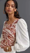 NWT ANTHROPOLOGIE Love The Label Boho Smocked Puff-Sleeve Blouse Size Small