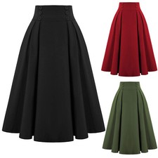 Falda midi vintage con bolsillos para mujer lisa cintura alta plisada faldas columpio