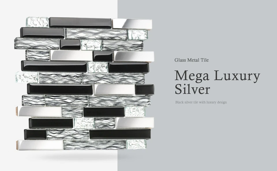 Black Crystal Glass Silver Steel Mosaic Wall Border Kitchen Bath Backsplash Tile - Image 4 of 4